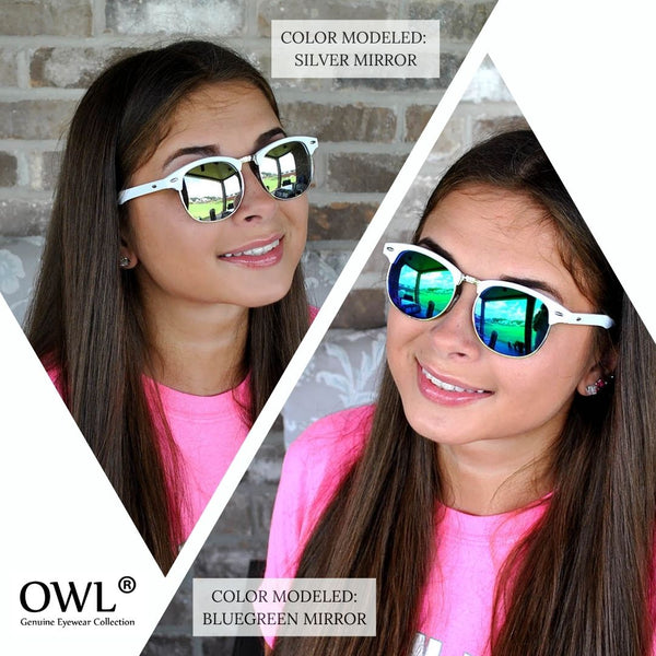 Half Frame Sunglasses / White Silver Frame / Bluegreen Mirror Lens