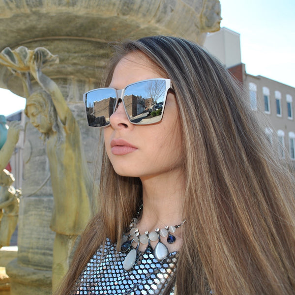 Designer Square Sunglasses - Silver Frame / Silver Mirror Lens / Black Arm
