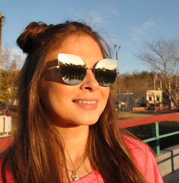 Designer Cat Eye Sunglasses - Gold Frame / Fire Mirror Lens