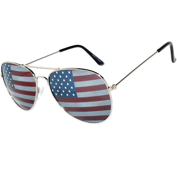 Aviator Sunglasses - Silver Frame / American Flag Lens