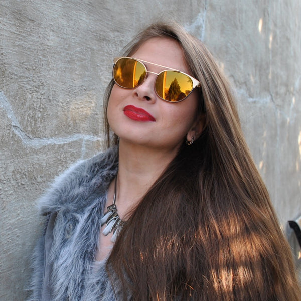 Designer Cat Eye Sunglasses - Gold Frame / Brown Mirror Lens / Leopard Arm
