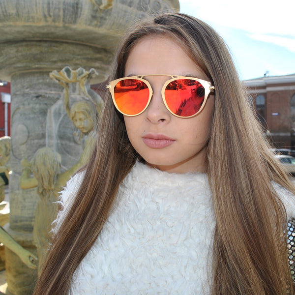 Designer Round Sunglasses - Gold Frame / Red Mirror Lens