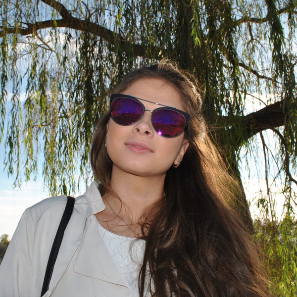 Designer Cat Eye Sunglasses - Silver Frame / Purple Mirror Lens